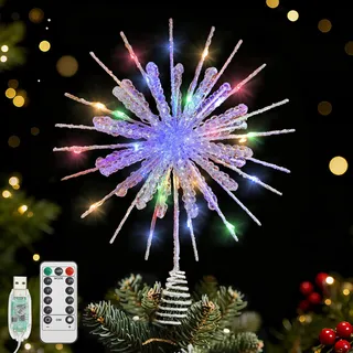 Lewondr Weihnachten Schneeflocken Baumspitze, 12,2 Zoll Weihnachtsbaumspitze mit Glitzerndem Epoxidharz und 30 LED, Weihnachtsbaum Dekoration für Haus Party,6H Timer & 8 Modi,Buntes Licht, Silber Weiß