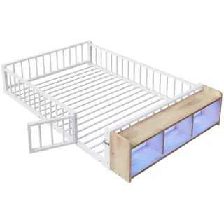Oxeza Metallbett 140/200 cm Weiß mit Ablagefächern und LED-Streifenleuchten , Metall , Mode , Rechteckig , 140x200 cm , Schlafzimmer, Betten, Metallbetten