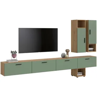 xonox.home – Wohnkombination The One 300x178x34 cm in Artisan Oak und Smoke Green – Massive Wohnwand mit 2 Türen & 4 Klappen – 15 Fächer schaffen viel Stauraum mit natürlicher Ausstrahlung