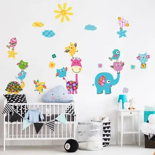 Wandsticker Kinder Dekoration Babyzimmer Wandtattoo Kinderzimmer Wandaufkleber Wandsticker Tiere Glückliche Tiere unter der Sonne H90 x 60 cm