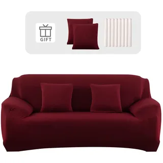 Lydevo Sofabezug 2 Sitzer Stretch Sofahusse Elastischer Sofabezug Spandex Sofa Überzug mit 2 Kissenbezug Anti-Rutsch Waschbar Sofa Protection Cover Schonbezug Couch,Rotwein
