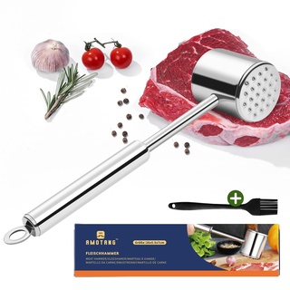 AMOTANG Premium Fleischklopfer Edelstahl spülmaschinenfest 26,5 cm, Schnitzelklopfer Edelstahl, doppelseitiger Fleischhammer aus 304 Edelstahl für Schnitzel Steaks, inkl. gratis Silikon-Backpinsel