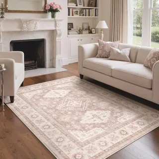 GENIMO Boho Vintage Teppich, Waschbar & rutschfest, Kurzflor Teppich für Wohnzimmer, Schlafzimmer oder Esszimmer, Stilvoller Carpet, Altrosa Beige, 160x230 cm