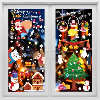SLWOO Fensterbilder Weihnachten Selbstklebend, 156 Stück Fensterdeko Weihnachten mit Schneeflocken Weihnachtsbaum Kugeln, Wasserdicht, PVC, Weihnachtsgeschenke Aufkleber für Fenster Tür Weihnachtsdeko