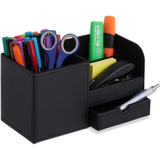 Relaxdays Schreibtisch Organizer, Büroorganizer mit 3 Fächern & Schublade, HBT: 12 x 22,5 x 11 cm, Stiftehalter, schwarz, Kunststoff, Baumwolle, Papier