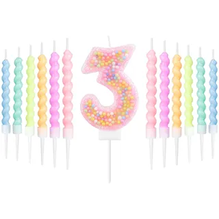 mciskin Macaron zum 3. Geburtstag Kerzen Set,zum 3rd Geburtstag Dekoration für Mädchen,rosa Zahl 3 Kerzen und 12 spiralen Party Kerzen für Kuchen,Regenbogen Kuchenaufsatz für Macaron Party Dekoration