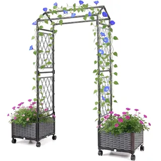FANTASK 2 in 1 Rosenbogen mit Pflanzkästen, Pflanzkübel mit hängendem Dach & Rankgitter, Rosen Rankhilfe auf Rollen, Metall & PP-Rattan, Rankkasten für Kletterpflanzen (Grau)