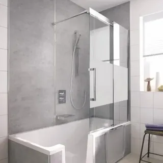 HSK K2P Badewannenaufsatz, Schiebetür 2-teilig, Größe: 104,0 x 150,0 cm, Festelement rechts, 2185100-R-41-50edelglas, Duschkabine: Chromoptik: ESG klar mit Edelglas
