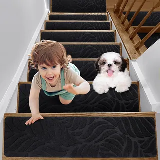 YISUN Treppenstufen Matten 65x20 cm, Antirutsch Treppenteppich, Stufenmatten Selbstklebend, Teppich Treppenstufen für Treppe Küche Schlafzimmer, Stufenmatte für Ältere, Kinder, Hunde (Pures Schwarz)