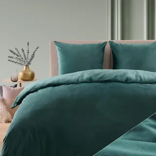 Blumtal Bettwäsche 155x220 - 2x 80x80cm Cashmere-Touch Plüsch in Petrol