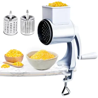 AROMUJOY Manuelle Nussmühle mit 2 Abnehmbaren Trommelblättern, Käsereibe mit Kurbel, Erdnussmühle, Mandelmühle, Gemüsehobel Edelstahl für Nüsse, Mais, Käse, Karotten, Weiß