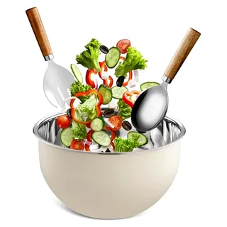 Salatschüssel und Servier-Set aus Edelstahl, große Küchenschüssel mit Salatlöffel und Gabel, 26 cm, spülmaschinenfest (Creme)
