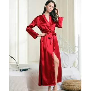 MIYAA Damen Morgenmantel Kimono Bademantel,Sexy Seidengewand Kimono Einfarbig Eleganter Langer Pyjama Mit Drehkragen Und Gürtel Bademantel Für Brautjungfer Nachtwäsche Nachtwäsche Hochzeitsfeier