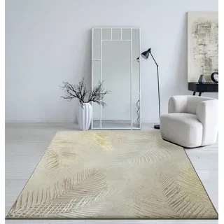 Mia's Teppiche Cielo Moderner Dichter Kurzflor Teppich, Wohnzimmer, Schlafzimmer, Eleganter Glanz, Glanzfaser, Hoch-Tief Effekt, Feder, Creme, 80 x 300 cm