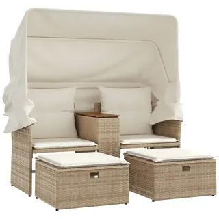 vidaXL Gartensofa 2-Sitzer mit Dach und Hockern Beige Poly Rattan