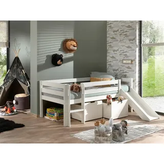 Hochbett Pino mit Rutsche 90 x 200 cm inkl. Rollrost und Rollboxen Kiefer massiv weiß