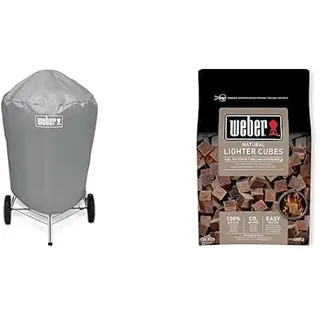 Weber 7176 Grill-Abdeckhaube für Holzkohlegrills mit einem Durchmesser von 57 cm, Grau, 15.9 x 22.7 x 3.8 cm & 17612 Anzündwürfel braun, ohne Zusatzstoffe, 48 Stück (1er Pack), 38x17x5 cm