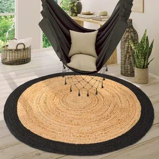 Paco Home Teppich Rund Wohnzimmer Jute Boho Ethno Muster Modern Handgefertigt Naturteppich, Grösse:80 cm Rund,