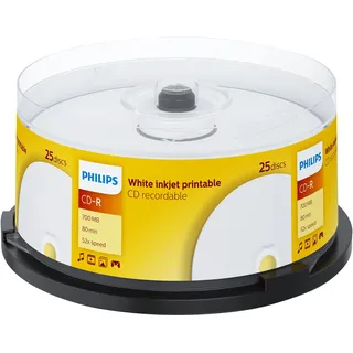 Philips CD-R Rohlinge bedruckbar (700 MB / 80 Minuten, 52x Speed , 25er Spindel, White Inkjet Printable)