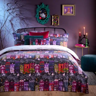 furn. Creepy Town Halloween-Bettwäsche-Set – Anthrazit – King-Size-Bett, Grau