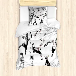 ABAKUHAUS Skizzenhaft Mantele, Diverse Sportarten Athleten, Milbensicher Allergiker geeignet mit Kissenbezügen, 135 cm x 200 cm - 80 x 80 cm, Schwarz-Weiss - Schwarz
