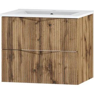 Badezimmer Waschtisch mit 60 cm Breite in Eiche mit gerillter Front, 2 Schubladen - CALURI-140 - Braun