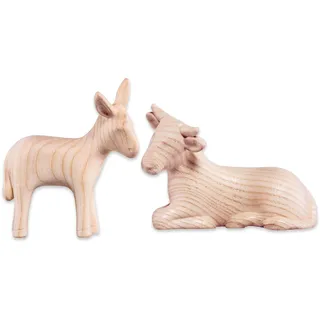 Akantus Krippentiere Set 2-teilig aus Holz – Ochs & Esel für Weihnachtskrippe – liebevoll Geschnitzte Krippenfiguren aus Eschenholz – Ergänzungsset zur Krippe aus Südtirol