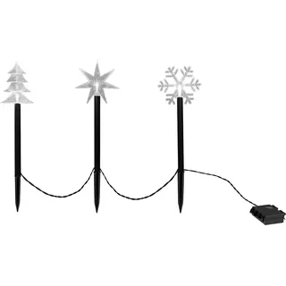LED Gartenstecker 3er Set - Stern / Tanne / Schneeflocke - Batterie und Timer für Innen und Außen - Transparent, Schwarz