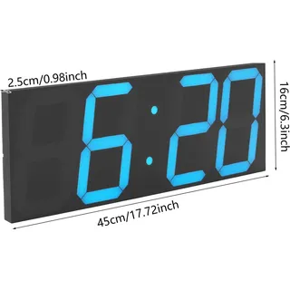 LED Digital Wanduhr - Modern minimalistisch - Großes Display - Leise - Wecker - Acryl - 45×16×2,5 cm - Blau - Blau
