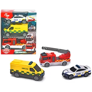 DICKIE Toys 203712015DNS - 3-Pack Schwedisch Rettungsfahrzeuge - SOS-Team mit Krankenwagen, Feuerwehrauto und Polizeiauto mit Freilauf, Ab 3 Jahren