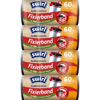 Swirl Reißfest & Dicht Fixierband Müllbeutel 60L (4 x 10 Beutel), tropfsichere Müllsäcke für den Hausmüll, reißfeste Mülltüten für sicheren Halt am Mülleimer