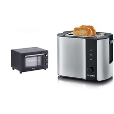 SEVERIN Back- und Toastofen mit Umluftfunktion, Mini Backofen mit Grillrost, 1.500 W, schwarz, TO 2068 & Automatik-Toaster, Toaster mit Brötchenaufsatz, 800 W, Edelstahl-gebürstet/schwarz, AT 2589