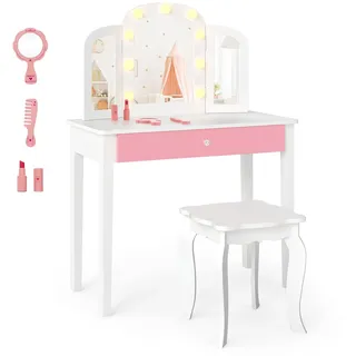FANTASK 2-in-1 Prinzessinnen Kosmetiktis chmit Schublade und Hocker, Kinder Schminktisch Frisiertisch mit Beleuchtung & 3 farbigem Spiegel, Schminkkommode für Mädchen ab 3 Jahren (Weiß)