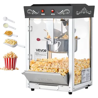 Vevor Popcornmaschine mit Edelstahlkessel, 800 W kommerzieller Popcornmaker, 48 Tassen pro Ladung, Kinostil, mit 2-Tasten-Bedienung, Glaswand, PC-Tür, 1 Portionierer, 3 Löffel, Schwarz