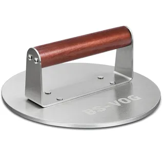 BS-VOG Burgerpresse, Edelstahl Schwergewicht 21.6 cm mit Holzgriff | 1.15 kg Gewicht, Glatte Edelstahlfläche, Für Burger Patties Steak Bacon Wurst, Gleichmäßiger Druck, Einfache Reinigung