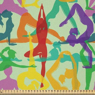 ABAKUHAUS Yoga Satin Stoff als Meterware, Buntes Meditations-Muster mit verschiedenen Haltungen von der Ostasiatischen geistigen Bewegung, 2 M (148 x 200 cm), Mehrfarbig