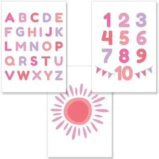PREMYO Bilder Kinderzimmer Deko Mädchen - Alphabet ABC Poster Set Babyzimmer - Wandbilder Schlafzimmer Sonne Rosa A4