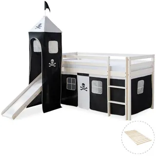 Homestyle4u Hochbett 90/200 cm mit Lattenrost Pirat , Schwarz, Weiß , Holz , Babymöbel & Kindermöbel, Kinderzimmer & Jugendzimmer, Kinderbetten, Hochbetten
