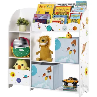 SONGMICS Kinderzimmerregal, Spielzeug-Organizer, Bücherregal für Kinder, multifunktionale Ablage mit 2 Aufbewahrungsboxen, Sticker mit Weltall-Motiven, Kinderzimmer, Schlafzimmer, weiß GKR42WT