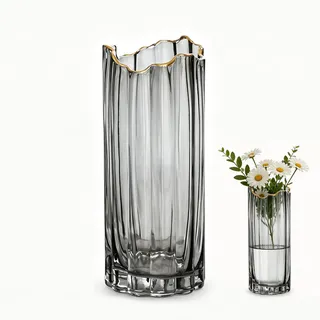 Klarglasvase, Glas-Blumenvasen, Zylinderglas Blumenvase-Bud Vasen, Mini Vase Tulpen Set, Blume für Mittelstücke Tulpen Hochzeit, Haus, Party, Büro, klar mit Goldrand (Graugold)