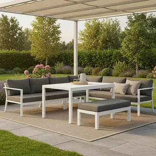 Gardenson Dining-Loungeset , Grau, Weiß , Metall , L-Form , Gartenmöbel, Gartengarnituren, Gartenmöbel-Sets