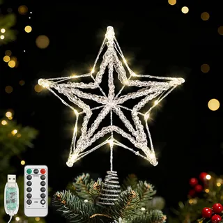 Lewondr Weihnachtsbaumspitze Stern, 11,42" Glitzernde Epoxid Stern Christbaumspitze mit 20 LED Birnen, 6 Std. Timer & 8 Modi USB Fernbedienung, Baumspitze Weihnachtsdeko für Innen Feiertag, Silber