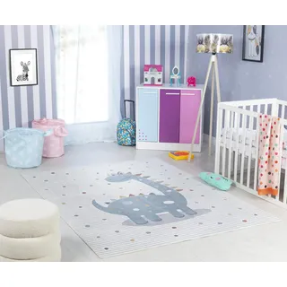 livabliss Dinosaurier Kinder waschbar - Cartoon 120x170 cm, Waschbarer Kinderzimmer oder Babyzimmer, Krabbel oder Spiel - Babymatte für Jungen & Mädchen, Creme und Grau
