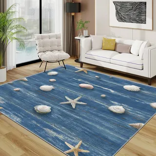 TerroVee Muschel Seestern Teppich Waschbar, Meer Nautisch Verwittert Teppich 80x150 cm, Küsten Strand rutschfest Waschbar Pflegeleicht Teppiche Für Schlafzimmer Küche, Blau Weiß