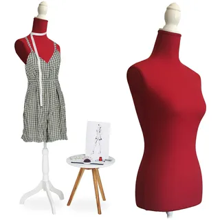 Relaxdays Schneiderpuppe, weiblich, Größe 36/38, höhenverstellbar 160–175 cm, mit Holzständer, Schaufensterpuppe, rot