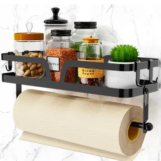 Taozun Küchenrollenhalter Ohne Bohren mit GewüRzregal - GewüRzregal Wand Schwarz Rollenhalter, 32cm Gewürzregal HäNgend mit 4 Haken für KüChen
