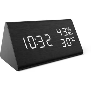 Ankilo Holzwecker, Digitaler Wecker, Anzeige Datum Temperatur & Luftfeuchtigkeit, 3 Helligkeitsstufen, Smart Voice-Activated mit 3 Alarmtönen für Haus, Küche, Schlafzimmer