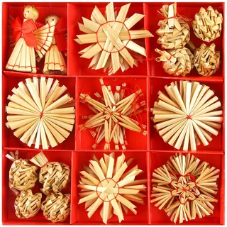 HYran Strohsterne Set, 34-Teiliges Christbaumschmuck, Weihnachtsbaumschmuck aus Stroh, Natürlicher Christbaum-Behang, Stroh-Anhänger und Deko