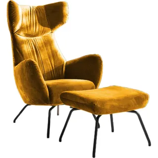 KAWOLA Sessel LOTTE Ohrensessel velvet curry mit Hocker - Orange