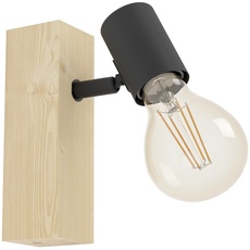 EGLO Wandlampe Townshend 3, Vintage Wandleuchte im Industrial Design, Retro Lampe aus Stahl und Holz, Farbe Schwarz, braun, Fassung E27, FSC zertifiziert